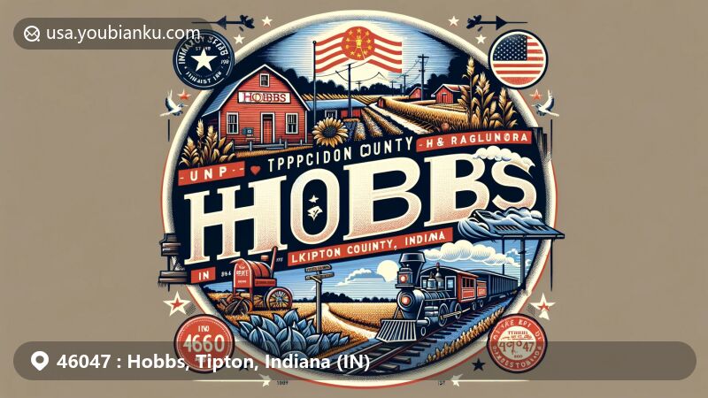 Modern illustration of Hobbs, Tipton County, Indiana, blending rural charm and historical roots since 1878 near Lake Erie & Western Railroad, showcasing agricultural heritage, vintage postage stamp, postmark 'Hobbs, IN 46047,' Indiana state flag, and postal theme.