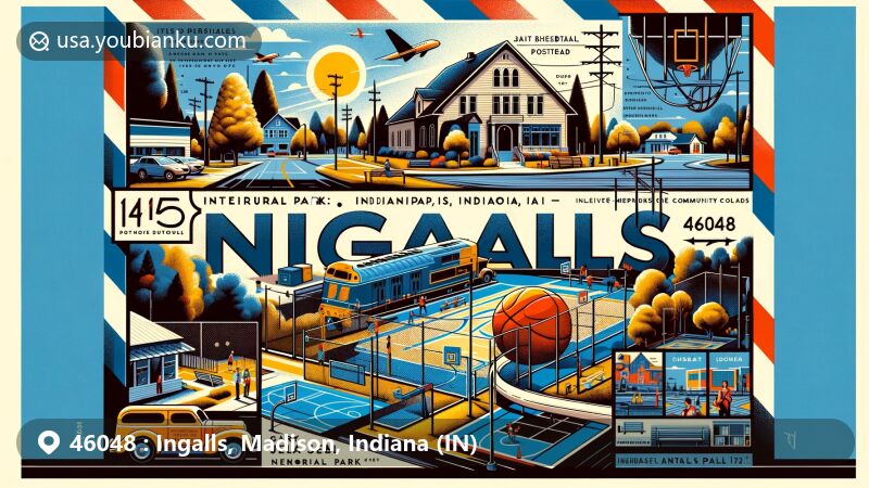 Modern illustration of Ingalls, Indiana, featuring 46048 ZIP code, capturing vibrant community life, small-town charm, and rich history with Interurban Park, Jessie Ireton Memorial Park, postal symbols, and strategic location near Indianapolis.