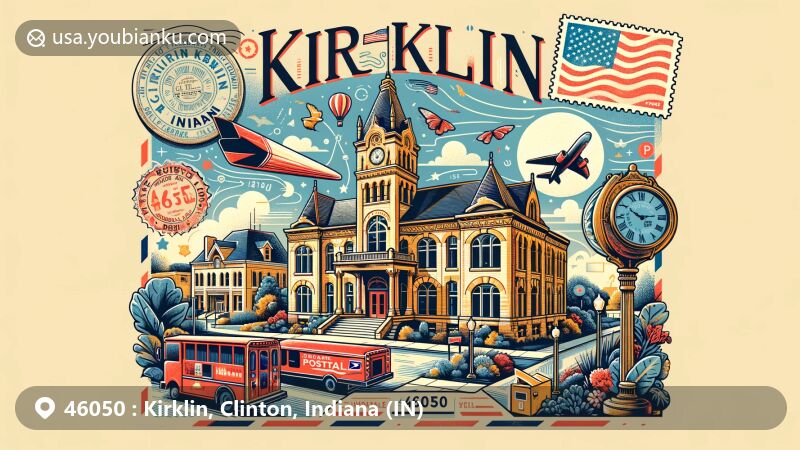Modern illustration of Kirklin, Indiana, showcasing postal elements with ZIP code 46050, featuring the historic public library and Midwestern landscape.