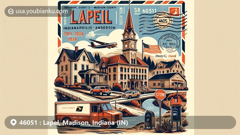 Modern illustration of Lapel, Madison County, Indiana, capturing postal theme with ZIP code 46051, showcasing town's history tied to railroad heritage and unique natural features like Stony Creek and Mud Creek, along with Indiana State Road 13.