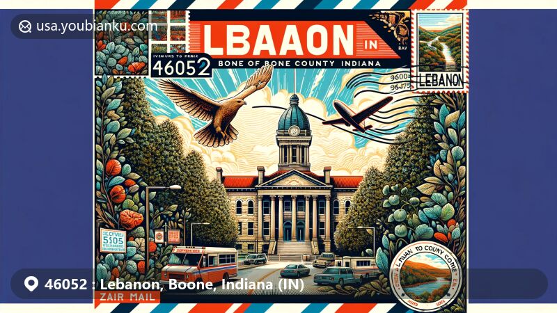 Modern illustration of Lebanon, Boone County, Indiana, showcasing postal theme with ZIP code 46052, featuring iconic Boone County Courthouse and hickory tree motifs.