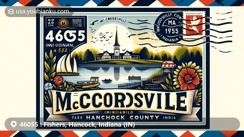 Modern illustration of McCordsville, Hancock County, Indiana, inspired by a postcard design with ZIP code 46055, featuring Geist Reservoir, Indiana state flag, and Hancock County outline.
