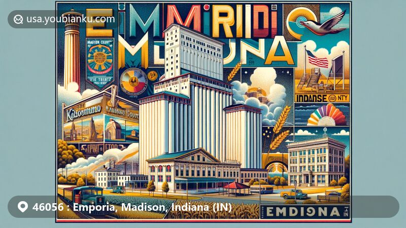Modern illustration of Emporia, Madison County, Indiana, showcasing agricultural heritage with focus on Kokomo Grain Co. silo, surrounded by historical and cultural landmarks like Lanier Mansion State Historic Site, reflecting vibrant arts and culture scene of Madison, including Indiana state symbols.
