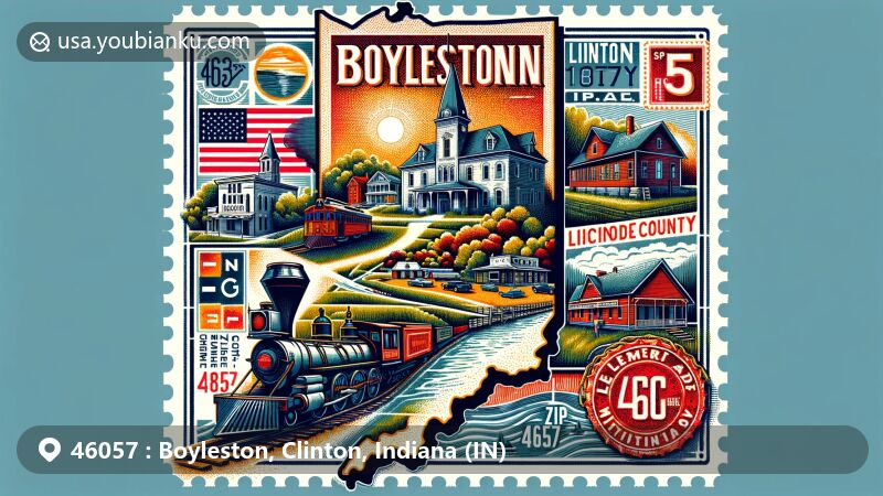 Modern illustration of Boyleston, Clinton County, Indiana, featuring geographical and postal themes with vintage postcard design and ZIP code 46057, including symbol for Lake Erie and Western Railroad.