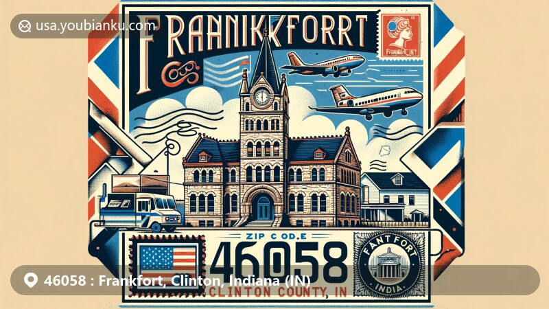 Modern illustration of Frankfort, Clinton County, Indiana, showcasing Old Stoney City Hall in Romanesque Revival style, alongside vintage air mail envelope with ZIP code 46058, featuring Indiana state flag and postal service elements.
