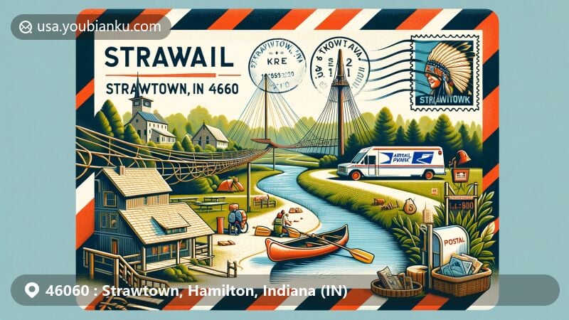 Modern illustration of Strawtown, Hamilton, Indiana (IN), associated with ZIP code 46060, showcasing postal theme with elements of Strawtown Koteewi Park, including scenes of boating along White River and zipline through the trees, and incorporating archaeological themes. Features vintage stamps, 'Strawtown, IN 46060' postmark, mailboxes, and classic mail van, symbolizing the history and significance of postal service.