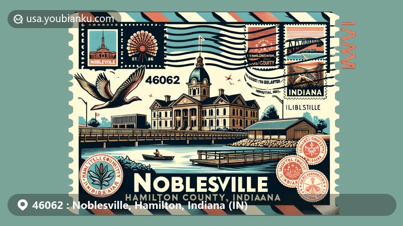 Modern illustration of Noblesville, Hamilton County, Indiana, with Hamilton County Courthouse and Potter's Covered Bridge, Morse Reservoir, and vintage air mail envelope featuring Indiana state symbols.