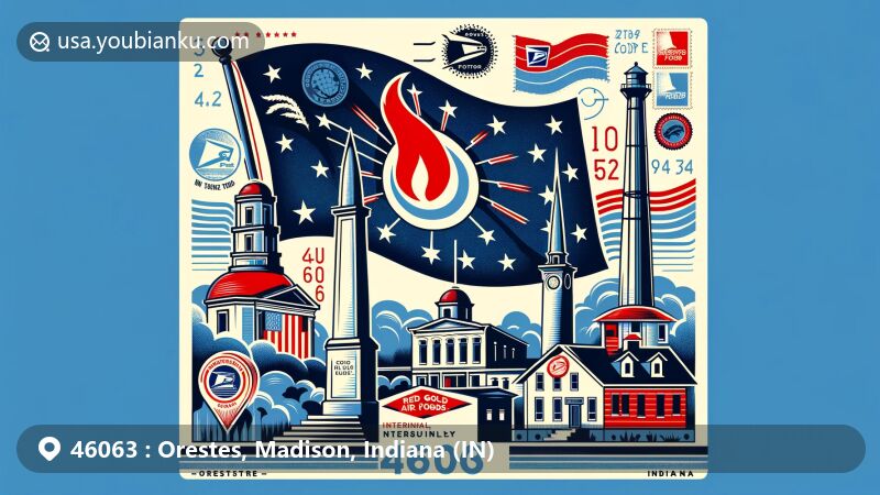 Modern illustration of Orestes, Madison County, Indiana, showcasing vintage air mail envelope, stamps, postal mark with ZIP code 46063, town flag with three white rings, red flame representing heritage and gas boom origins, and Red Gold Foods symbolizing modern identity.
