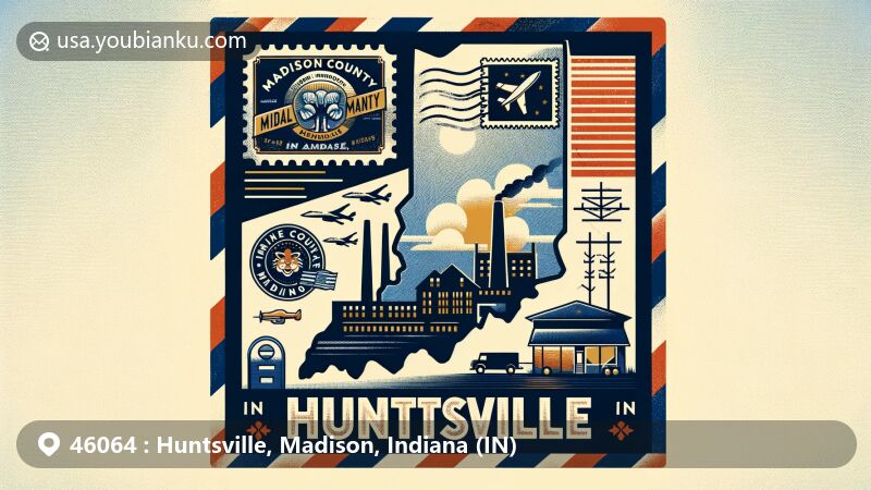 Creative illustration of Huntsville, Madison County, Indiana, showcasing postal theme with ZIP code 46064, featuring Eagle Cotton Mill and Indiana state flag.