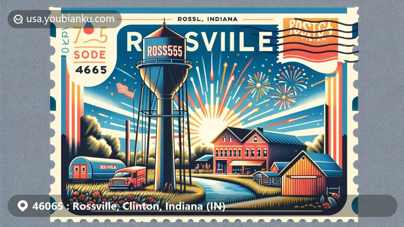 Modern illustration of Rossville, Indiana, highlighting the iconic water tower, Summer's End Festival with fireworks and community activities, and rural Indiana charm with agricultural fields. Incorporates postal theme with ZIP code 46065.