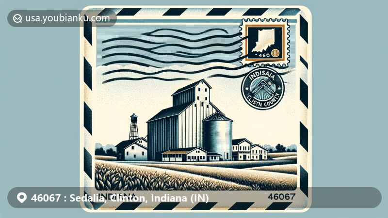 Modern illustration of Sedalia, Clinton County, Indiana, featuring postal theme with ZIP code 46067, incorporating state silhouette and traditional postal symbols.