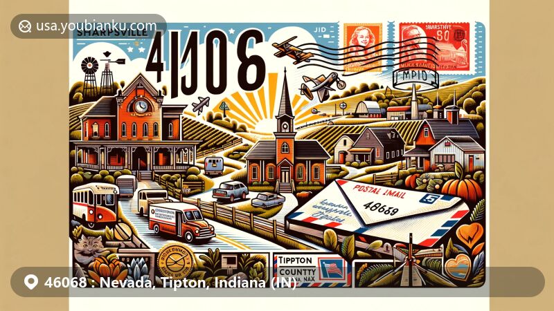 Modern illustration of Sharpsville, Tipton County, Indiana, showcasing connection to ZIP code 46068 and local landmarks, incorporating rural and agricultural elements with vintage postal theme.