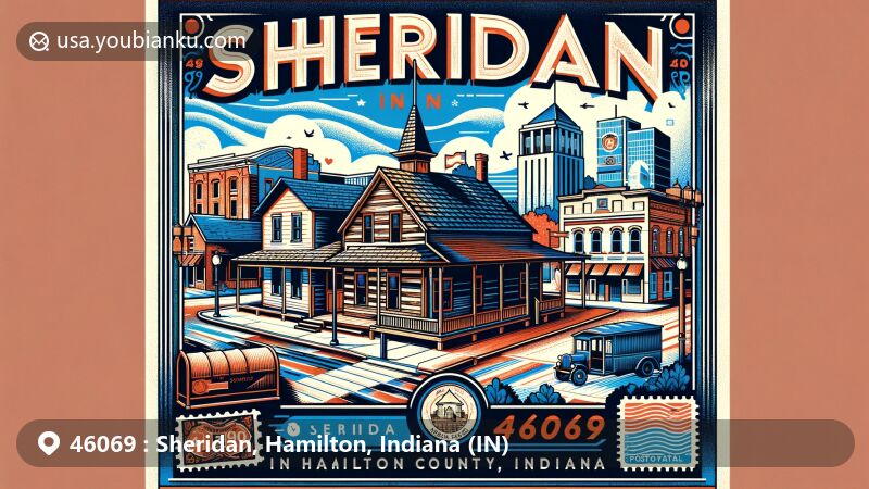 Modern illustration of Sheridan, Hamilton County, Indiana, highlighting ZIP code 46069, featuring Boxley Cabin, commercial development, historical downtown, and Sheridan Historical Society Museum.