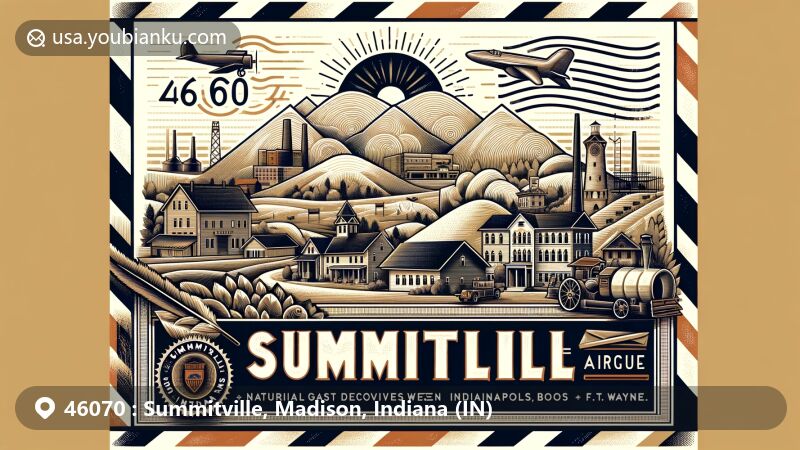 Modern illustration of Summitville, Indiana, showcasing postal theme with vintage air mail envelope containing a postage stamp, postmark with ZIP Code 46070, and local landmarks. Reflects town's historical significance, including early settlement, 1880s natural gas discovery, glass factories, saw mills, and unique clay farm tile factory.