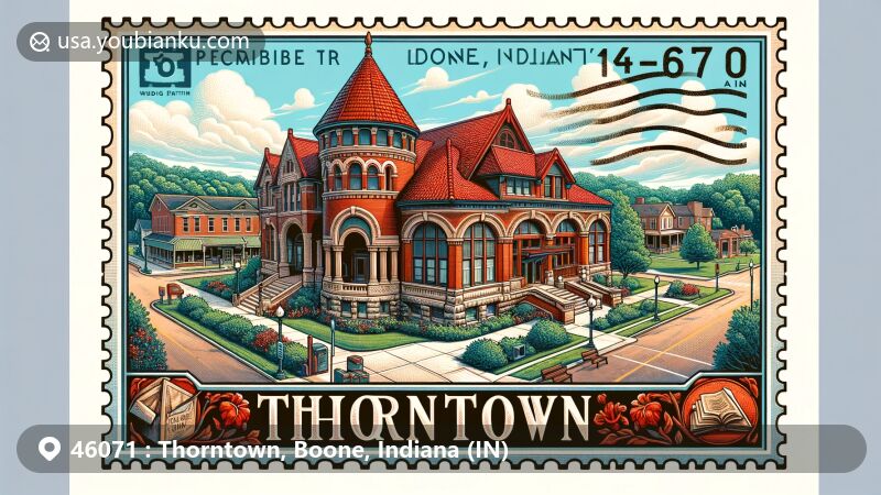Modern illustration of Thorntown, Boone, Indiana, showcasing postal theme with ZIP code 46071, featuring Thorntown Public Library and heritage museum, reflecting small-town charm and natural beauty of Boone County.
