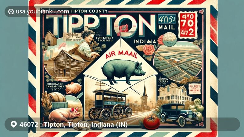 Vintage illustration of Tipton, Indiana, known for ZIP code 46072, featuring retro airmail envelope symbolizing postal theme. The envelope prominently displays '46072' in bold font. The artwork includes elements of Tipton's rich history and culture, like the Tipton Pork Festival represented by a queen wearing a pig-themed crown in a festival parade.