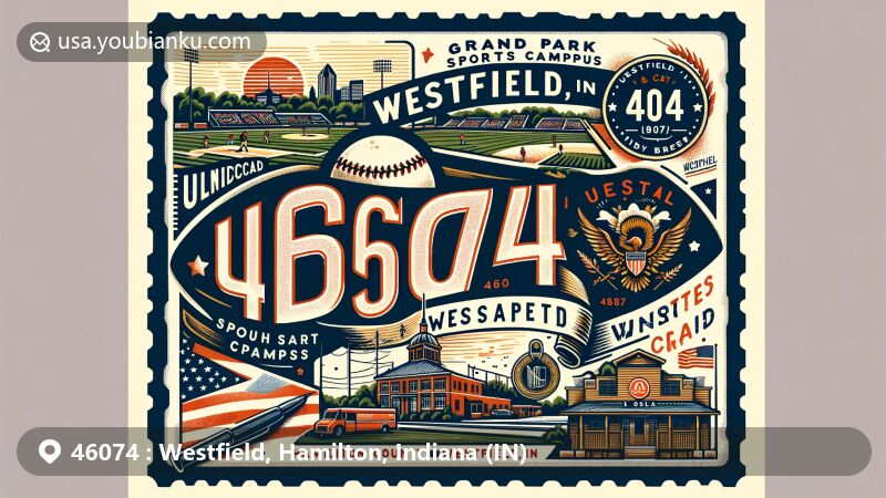 Modern illustration of Westfield, Indiana, ZIP code 46074, highlighting Grand Park Sports Campus, Monon Trail, vintage airmail envelope with postal elements, featuring Urban Vines Winery & Brewery and 'Westfield, IN' postmark, with Indiana state flag and Hamilton County's outline in the background.