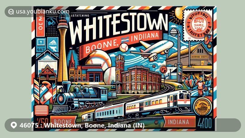 Artistic depiction of Whitestown, Boone, Indiana, emphasizing the town's rich history, modern development, and postal theme with ZIP code 46075, featuring Big 4 Railroad, Amazon, and Little League HQ.