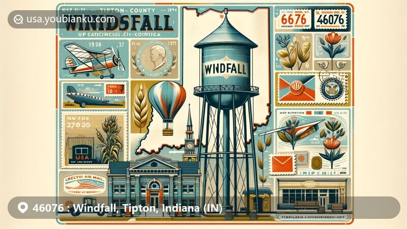 Modern illustration of Windfall, Tipton County, Indiana, representing the town's infrastructure with the Water Tower, agricultural heritage through Seed City USA theme, and historical significance as a WWII German POW camp location.