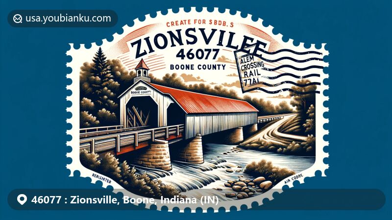 Artistic depiction of Zionsville Rail Trail and Salem Crossing Bridge in Indiana, showcasing scenic beauty and historic railway elements.