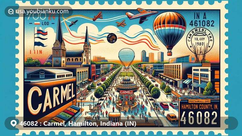 Modern illustration of Carmel, Hamilton County, Indiana, featuring postal theme with ZIP code 46082, showcasing Monon Trail, Carmel Christkindlmarkt, and Palladium performing arts center, incorporating Indiana state flag and iconic city elements.