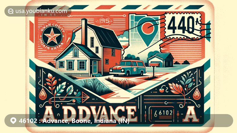 Modern illustration of Advance, Boone County, Indiana, with a creative postal theme and vintage aesthetics, showcasing the town's charm and Indiana's rural beauty.