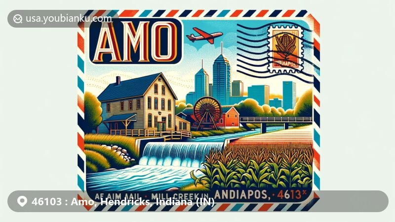 Modern illustration of Amo, Hendricks County, Indiana, featuring postal theme with ZIP code 46103, showcasing town's official seal with old Mill building, Mill Creek, cornfield, and Indianapolis skyline.