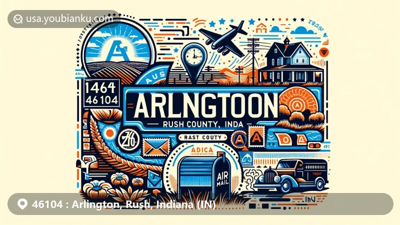 Modern illustration of Arlington, Rush County, Indiana, featuring postal theme with ZIP code 46104, showcasing mailbox, stamp, and county outline, along with iconic symbols representing Arlington's rural scenery or historical elements, in a vibrant color scheme reflecting the community-centered nature and honoring its historical roots.