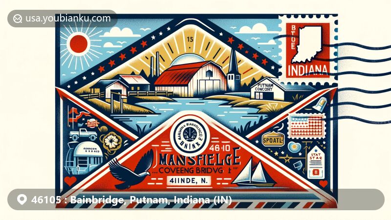 Modern illustration of Bainbridge, Putnam County, Indiana, featuring open air mail envelope with ZIP code 46105, showcasing Mansfield Covered Bridge Festival symbols and Raccoon Lake outline.