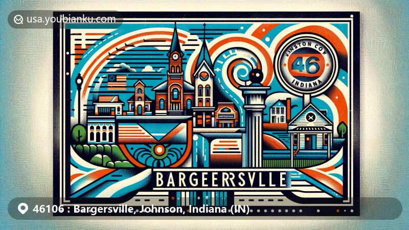 Modern illustration of Bargersville, Johnson County, Indiana, showcasing the essence of a historic town with a tight-knit community, featuring a creatively designed postcard or air mail envelope symbolizing postal features and town landmarks, with vintage postal stamp incorporating ZIP code 46106.