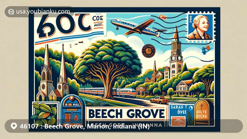 Modern illustration of Beech Grove, Indiana, featuring iconic landmarks and postal elements, including Beech trees, Beech Grove Shops, Sarah T Bolton Park, air mail envelope, stamps, and postbox, highlighting ZIP code 46107.
