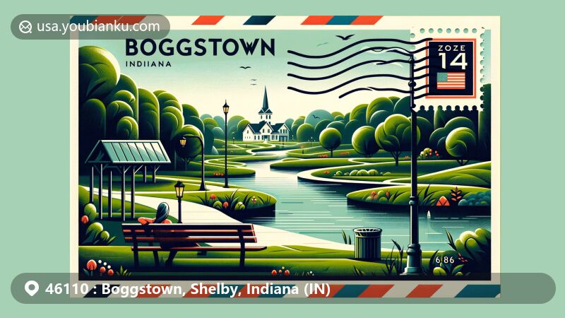 Modern illustration of Boggstown, Indiana, showcasing postal theme with ZIP code 46110, featuring Camp Joy, serene park scene, and a tribute to town's founding in 1867.