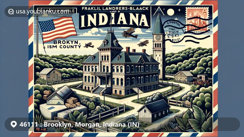 Modern illustration of Brooklyn, Morgan County, Indiana, with postal theme centered around Franklin Landers-Black and Adams Farm, showcasing Italianate architectural style, Indiana's natural elements, and state symbols like the flag.