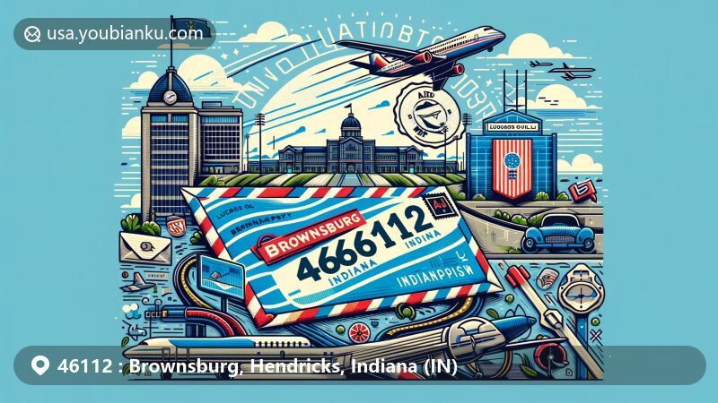 Modern illustration of Brownsburg, Hendricks, Indiana, showcasing connection to motorsports at Lucas Oil Indianapolis Raceway Park, incorporating aviation-themed envelope with stamps, postmark 'Brownsburg 46112', and airplane symbol for a postal touch, reflecting suburban landscape and Indiana state symbols.
