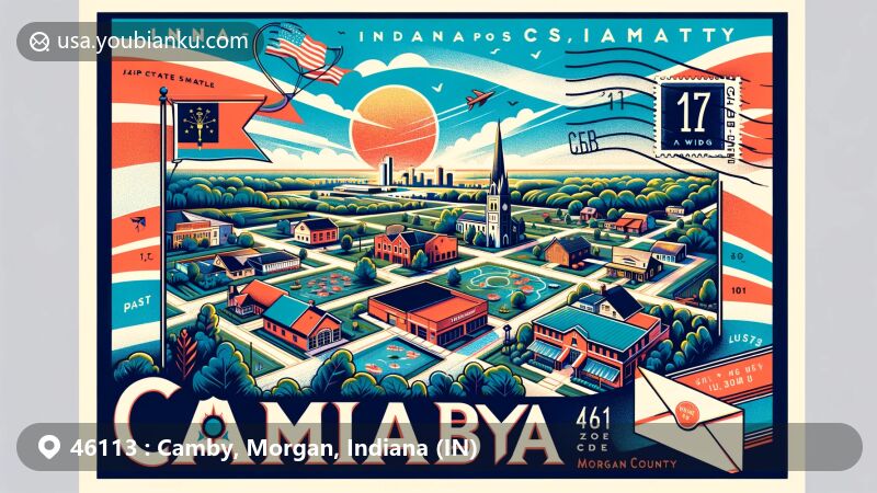 Modern illustration of Camby, Indiana, showcasing a vibrant postcard design with ZIP code 46113, featuring Indiana state flag, Indianapolis skyline, and Morgan County outline.
