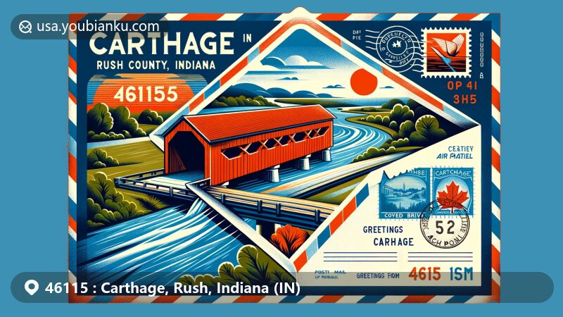 Modern illustration of Carthage, Rush County, Indiana, highlighting the postal theme with ZIP code 46115, featuring Big Blue River, historic covered bridge, and maple leaf symbol, set against a backdrop of Rush County's landscapes.