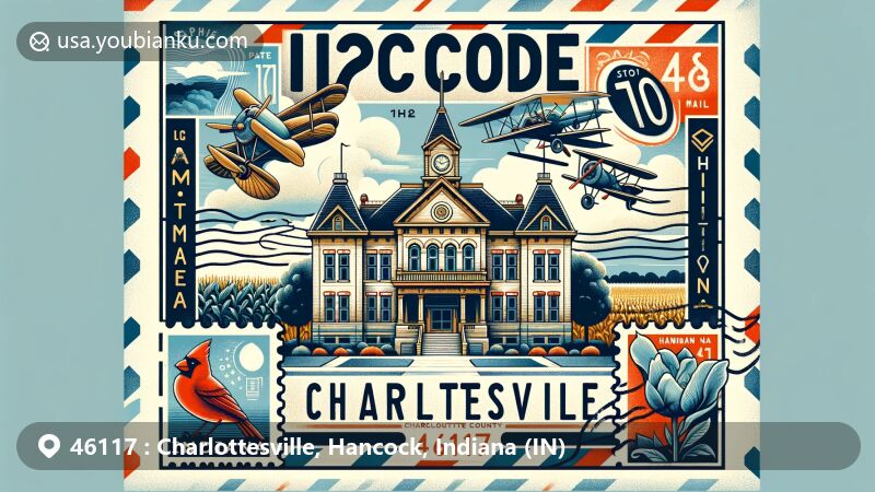 Modern illustration of Charlottesville, Hancock County, Indiana, featuring iconic Hancock County Courthouse, rural charm, and Indiana's natural beauty, with cornfields, wide open skies, and Indiana state flag, framed in airmail envelope with vintage stamps of state bird Cardinal and state flower Peony.