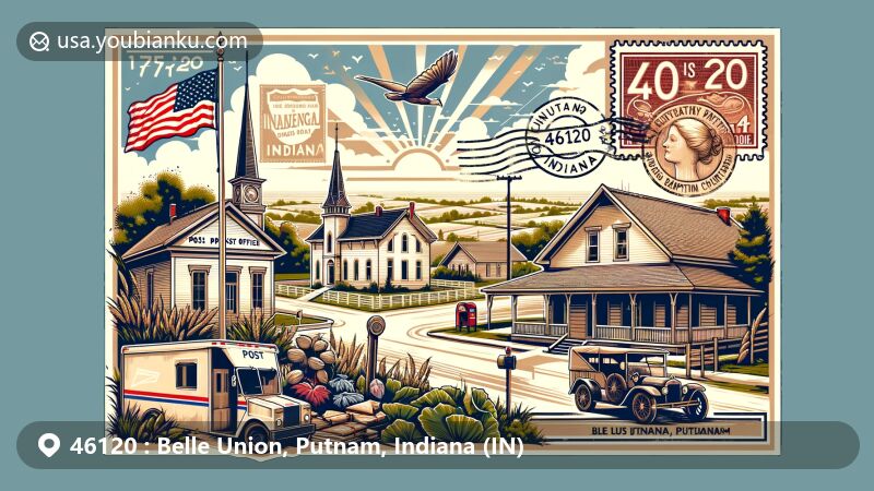 Modern illustration of Belle Union, Putnam County, Indiana, blending regional characteristics with postal elements, showcasing rural charm, historical context, and community spirit, featuring natural beauty and airmail theme with ZIP code 46120.