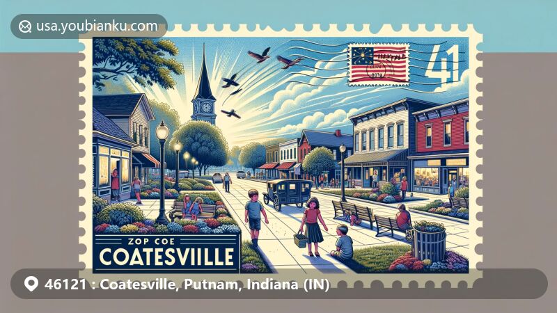 Modern illustration of Coatesville, Putnam County, Indiana, capturing the essence of small-town community life with historical significance, outdoor activities, local charm, and natural beauty, featuring Vandalia Trail and postal elements with ZIP code 46121.