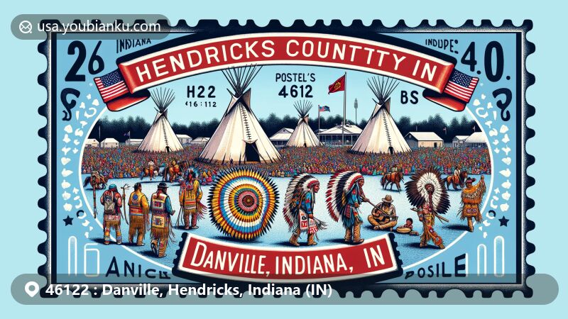 Modern illustration of Danville, Hendricks, Indiana, showcasing National Powwow event celebrating American Indian culture, with dancers in regalia, drum circles, tipis, Hendricks County 4-H Fairgrounds & Conference Complex, Indiana state flag, postal symbols like vintage postage stamp frame, '46122 Danville, IN' postal mark, mail carrier's bag, and classic mailbox.