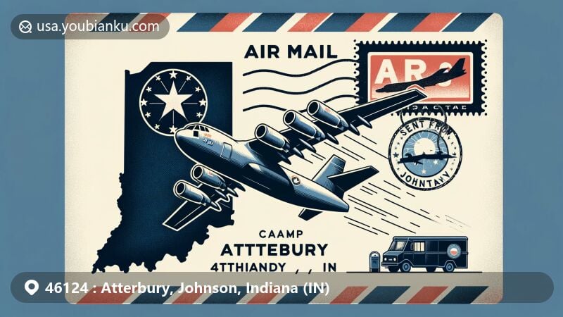Modern illustration of an air mail envelope with Camp Atterbury silhouette, military aircraft, Indiana state outline, Johnson County mark, '46124 Atterbury, IN' postage stamp, Indiana state flag, 'Sent from Atterbury, IN' postmark, mailbox, and postal van.