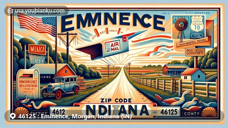 Modern illustration of Eminence, Morgan County, Indiana, capturing postal theme with ZIP code 46125, featuring vintage airmail envelope, Indiana state flag, and local community symbols.