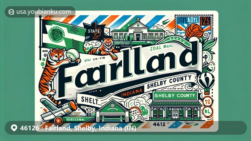 Modern illustration of Fairland, Shelby County, Indiana, showcasing postal theme with ZIP code 46126, featuring state flag, Shelby County outline, air mail envelope, postage stamps, and postmark.