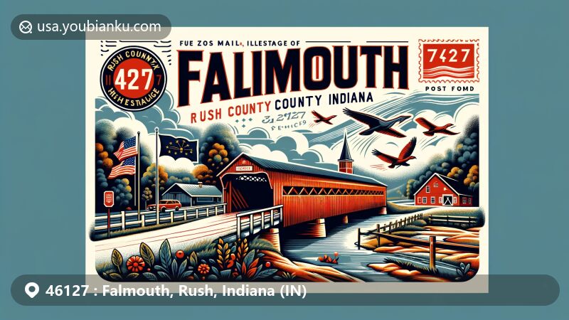 Vintage illustration of Falmouth, Rush County, Indiana, featuring ZIP code 46127 and iconic covered bridges, symbolizing local heritage preservation efforts.