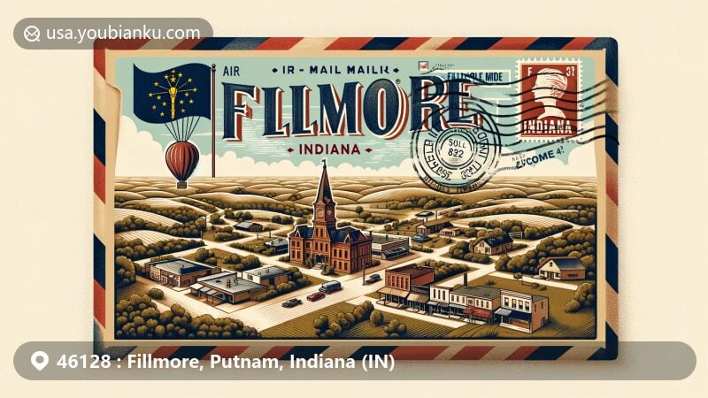 Artistic rendition of Fillmore, Indiana, representing ZIP code 46128 with a vintage-modern airmail envelope design featuring town landmarks and Indiana state flag stamp.