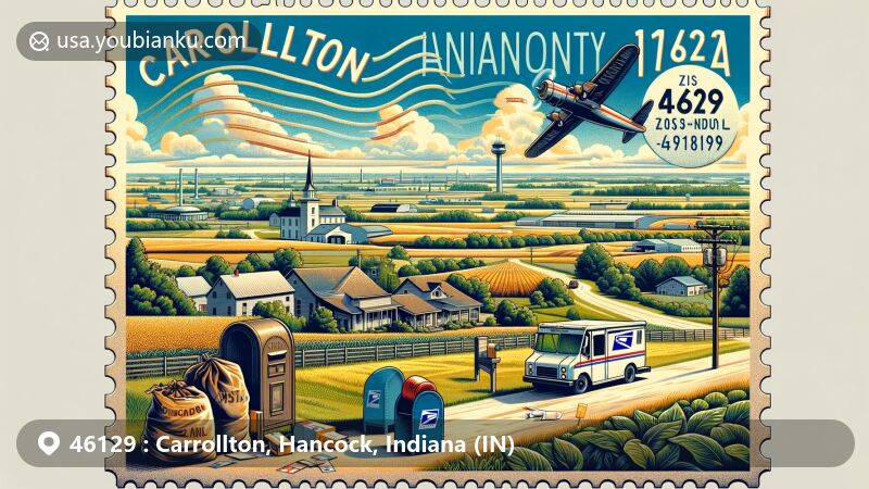 Modern illustration of Carrollton, Hancock County, Indiana, representing ZIP code 46129 with postal elements and Indiana landscapes, featuring Indianapolis Regional Airport and agricultural fields.