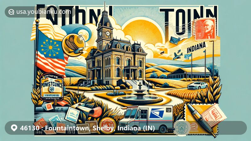 Modern illustration of Fountaintown, Shelby County, Indiana, featuring postal theme with ZIP code 46130, showcasing Shelby County Courthouse and Indiana state flag.