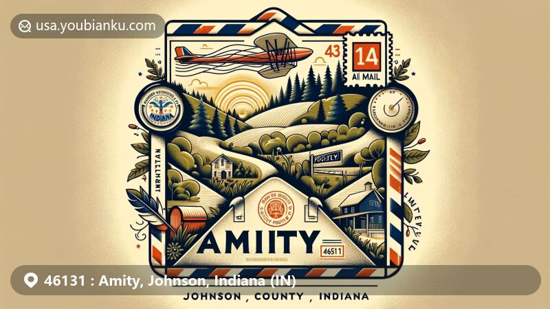 Modern illustration of Amity, Johnson County, Indiana, with vintage air mail envelope frame and postal theme, featuring lush landscapes, local community spirit, and Indiana state symbols.