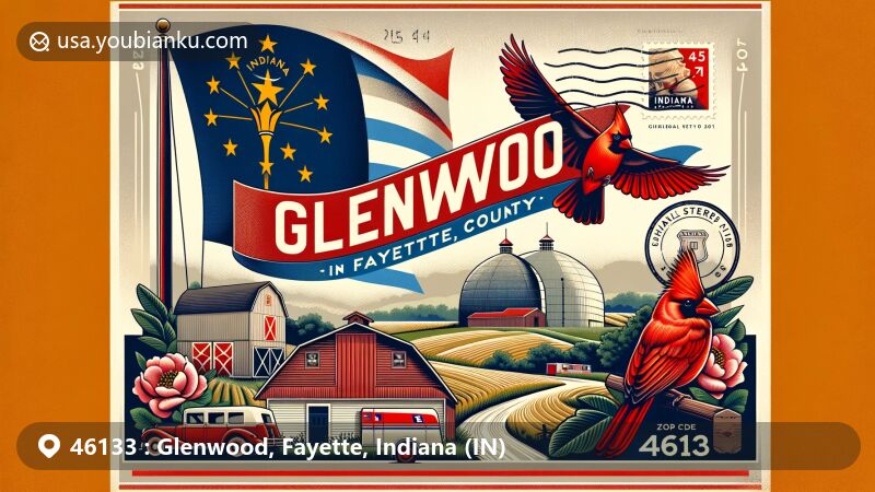 Modern illustration of Glenwood, Fayette County, Indiana, blending regional and postal themes, featuring round barns, agricultural scenery, vintage air mail envelope, stamps, ZIP code 46133, northern cardinal, and peony against Indiana state flag backdrop.