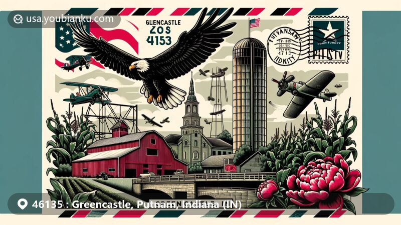 Modern illustration of Greencastle, Indiana, showcasing agricultural and cultural essence with iconic barn mural in Putnam County depicting American eagle, peony (Indiana state flower), Black Angus cow, cornstalk, brown horse, red barn, deer, covered bridge, and historical elements related to John Dillinger's 1933 bank robbery, incorporating postal theme with vintage postcard or airmail envelope style featuring 'Greencastle, IN 46135' on postage stamp, and portrayal of German V-1 on Putnam County Courthouse Square, symbolizing a historical artifact.